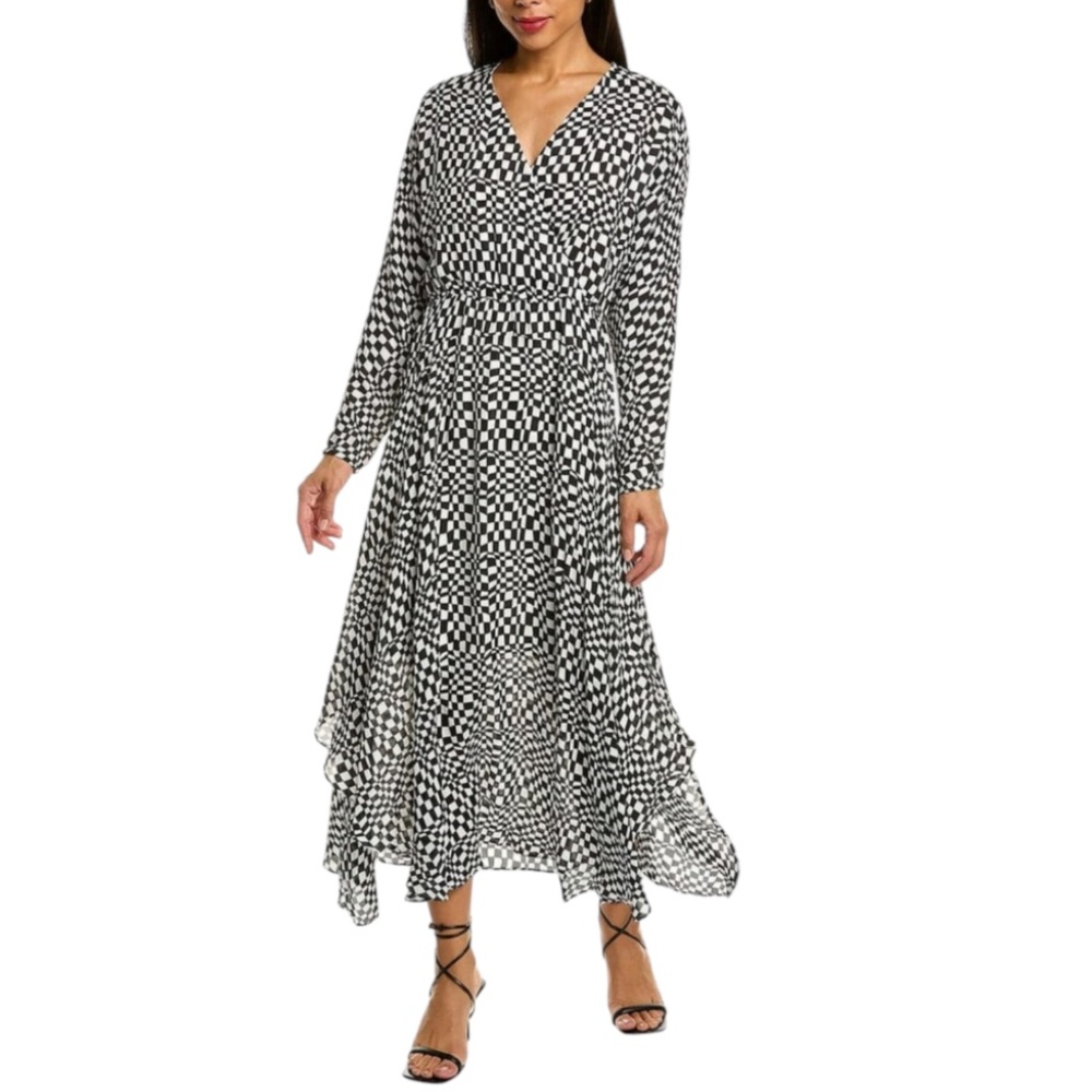 Elie Tahari Black/White Printed Surplice Silk Midi Dress SZ XS NWT